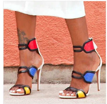 

Gorgeous Leather and Elaphe Sandals Multi Color Sandals Women Fashion Cover Heel Sandals High-heeled Ankle Wrap Sandalias Mujer