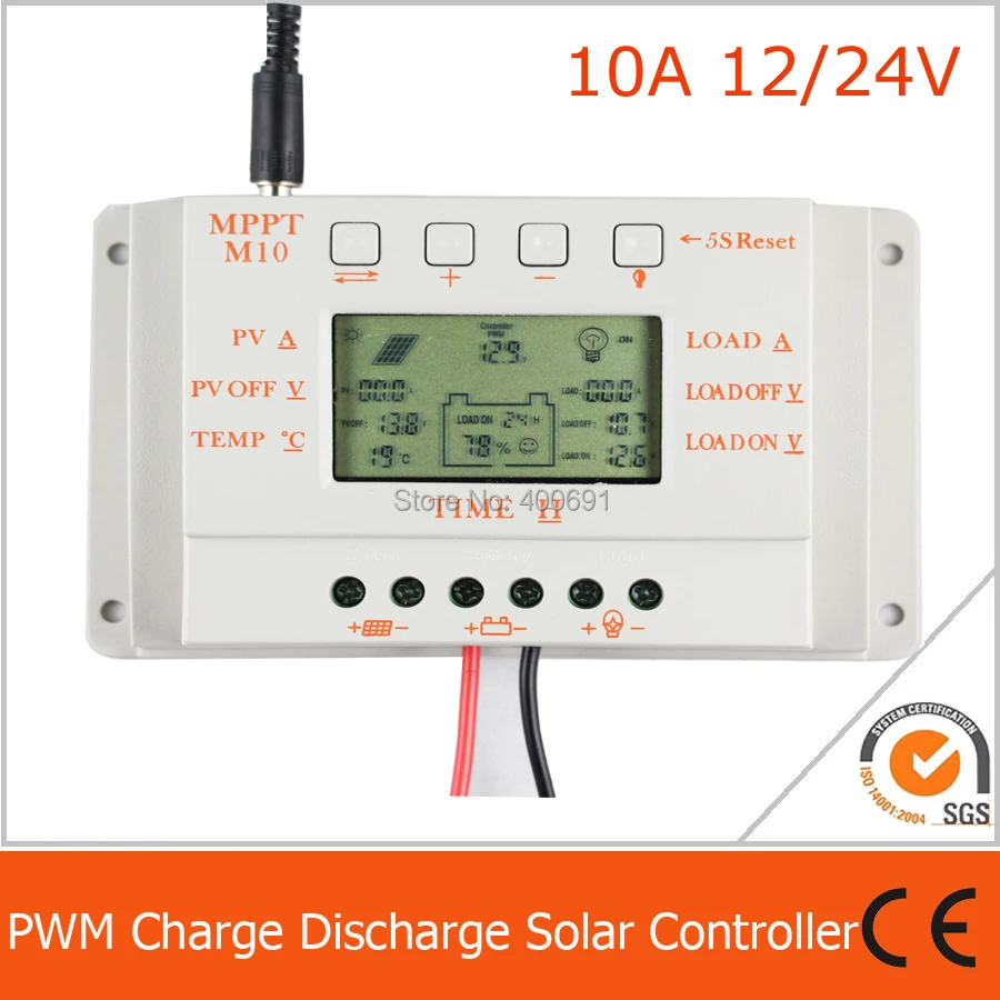 

10A MPPT solar charge and discharge controller 12V 24V auto work with lcd display