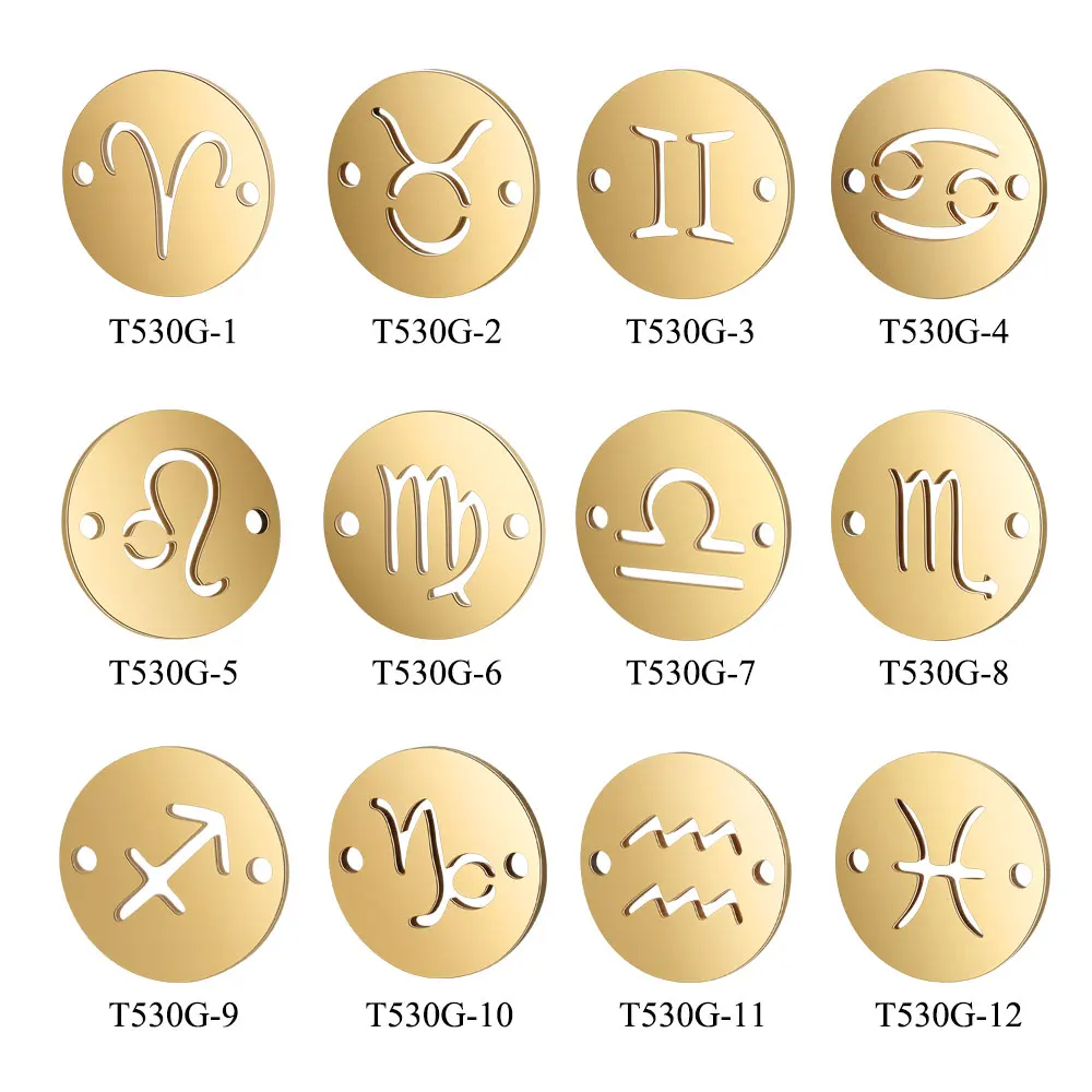 

12pcs/Lot Stainless Steel God Color Round Whole Twelve Zodiac DIY Constellation Connectors Charms Two Holes Accessories