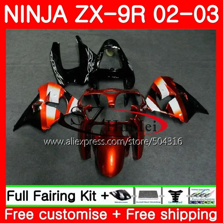Корпус для KAWASAKI NINJA ZX-9R 02-03 ZX900 ZX 900 ZX9 R 17SH19 900CC ZX 9 R ZX9R 02 03 ZX 9R 2002 2003 обтекатели комплект Оранжевый blk