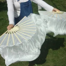 Белый, 1 пара(1 шт. справа+ 1 шт. слева) 30 см бамбук+ 30 см Шелковый китайский танец Шелковый веер(флаттер), 2 слоя настоящий цветастый шелк