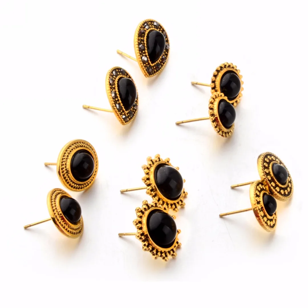 Shellhard Black Gem Stone Ear Studs Earrings 5 Pairs/set Charming Oval
