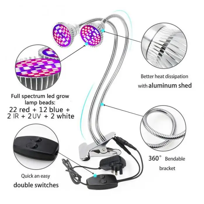 60 Вт двойной головкой светодиодный светильник для выращивания света Настольный зажим гибкий гусиный полный спектр для комнатных растений