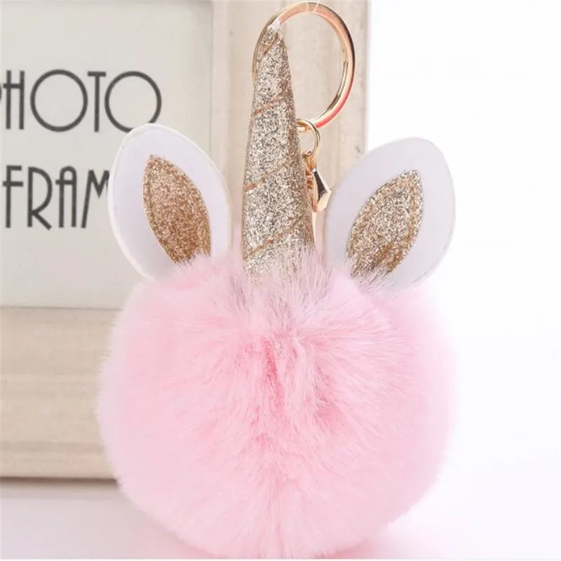 

sequin Unicorn Pom Keychain Artificial Pompoms Rabbit Fur Ball Pompon Key Chain Women Bag Car Keyring B137