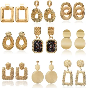 

2019 Vintage earrings large for women statement earrings geometric golden color metal pendant earrings trend fashion jewelry