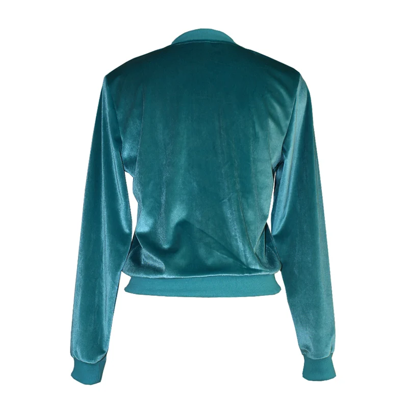 JLI MAY Zipper Bomber Jacket women Turtleneck Velvet long sleeve Solid Color Blue Green Short coat casual winter basic jackets