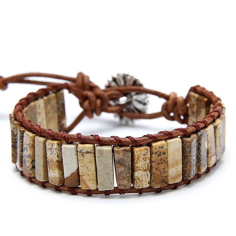 

2019 Beautiful Chakra Bracelet Jewelry Handmade Pattern Stone Tube Beads Leather Wrap Bracelet Couples Bracelets Dropshipping