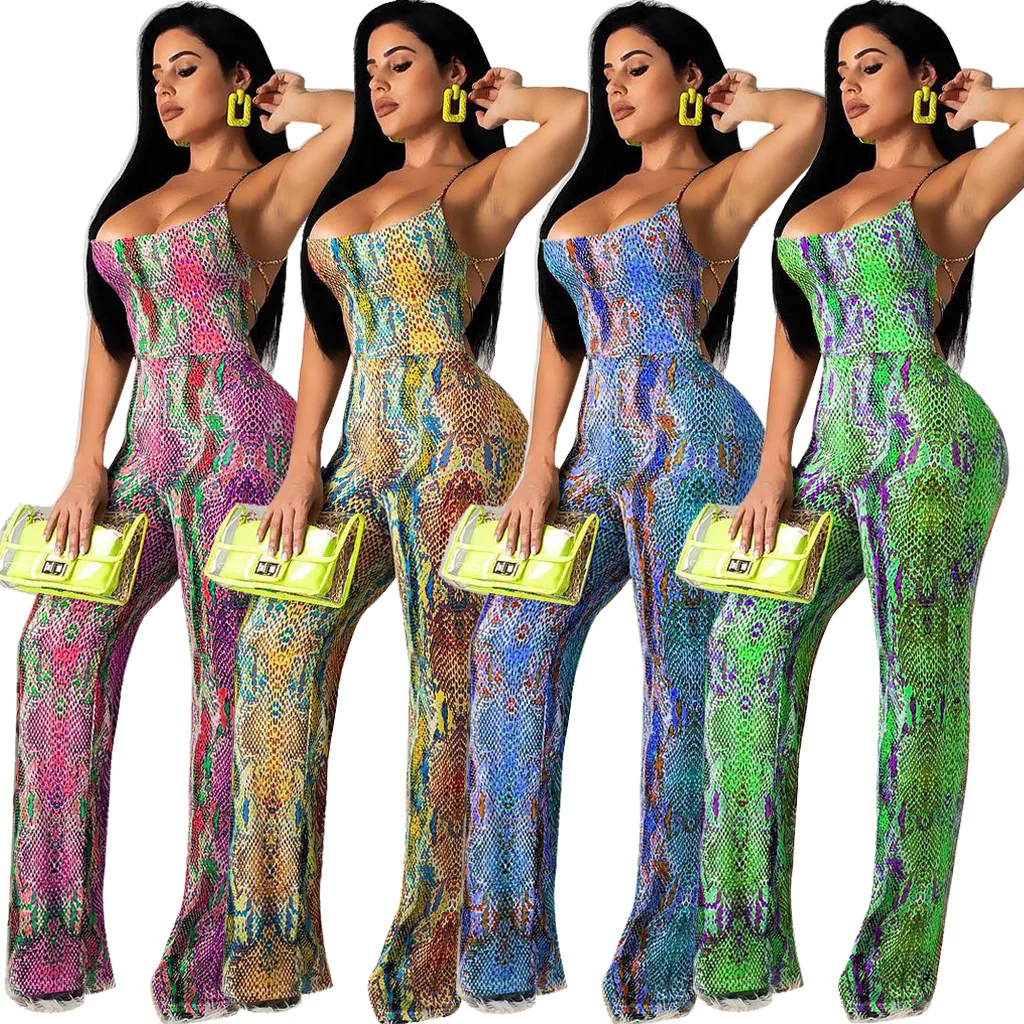 

Sexy Snakeskin Line Digital Print Straps Jumpsuit Women's Clothing. Hot Day Open Back palysuit