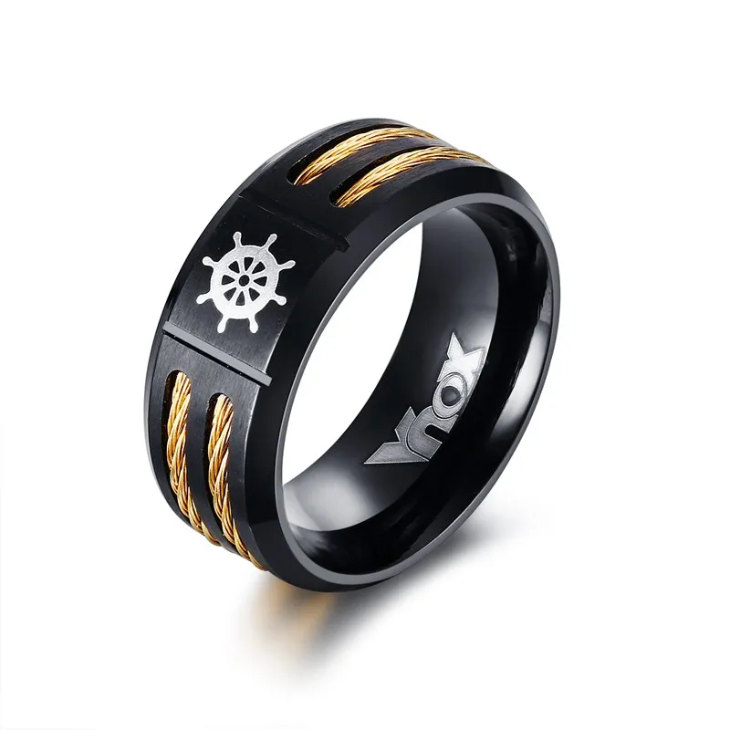 Мужское кольцо из нержавеющей стали золотистого цвета с двойной проволокой для мужчин, обручальное кольцо с лазерным рулем, мужское ювелирное изделие черного и серебристого цвета