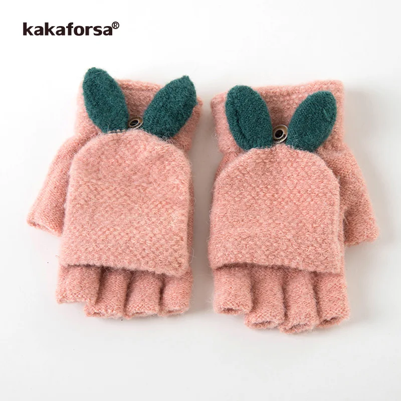 Kakaforsa женские зимние вязаные теплые перчатки-варежки с половиной пальцев женские студенческие милые уши кролика два применения рукавицы велосипедные перчатки QK - Цвет: Pink
