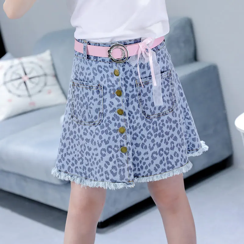 

New Fashion Luxury Teenagers Denim Tutus Skirt For Girls With Belt High Quality Sexy Summer Children Leopard Print Ruffly Skirts