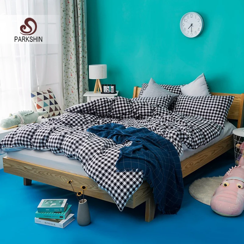 

ParkShin Grid Bedding Set Gray Bed Flat Sheet Double Bed Linens Bedclothes Duvet Cover Set Decor Home Textiles Adult Bedclothes