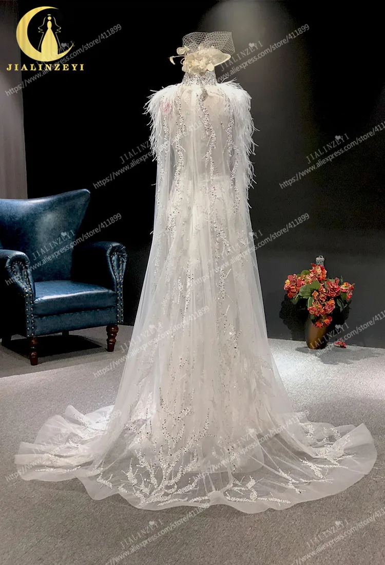 JIALINZEYI, сексуальное, Zuhair Murad, с высоким воротом, с бусинами, с перьями, Русалка, накидка, роскошное свадебное платье, свадебное платье