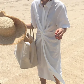 

Summer Dress Top Fashion Cotton Loose Short None 2018 New Design Dress Shirt Collar Cross Knot Short-sleeved Solid Color Female