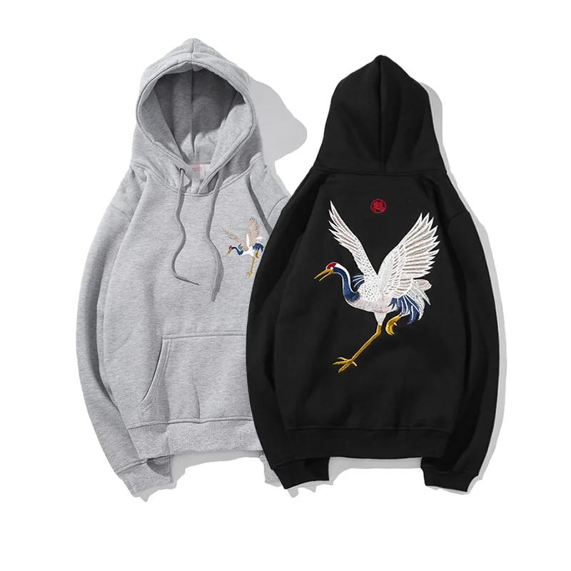 

Embroidery Japanese Crane Hoodies Men 2019 Hip Hop Casual Streetwear Hooded Sweatshirts Harajuku Male gym oversized Hoodie tops