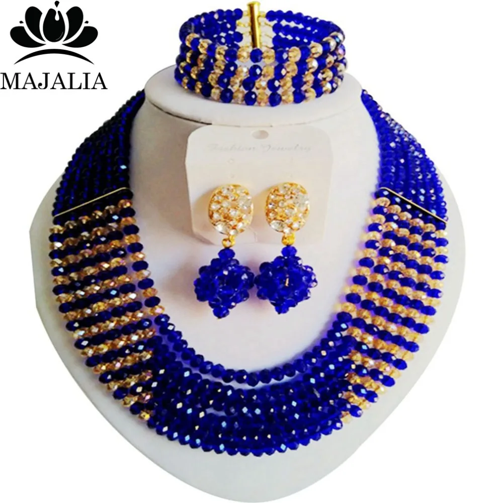 

Trendy Nigeria Wedding Royal Blue african beads jewelry set crystal necklace bracelet earrings Free shipping Majalia-041