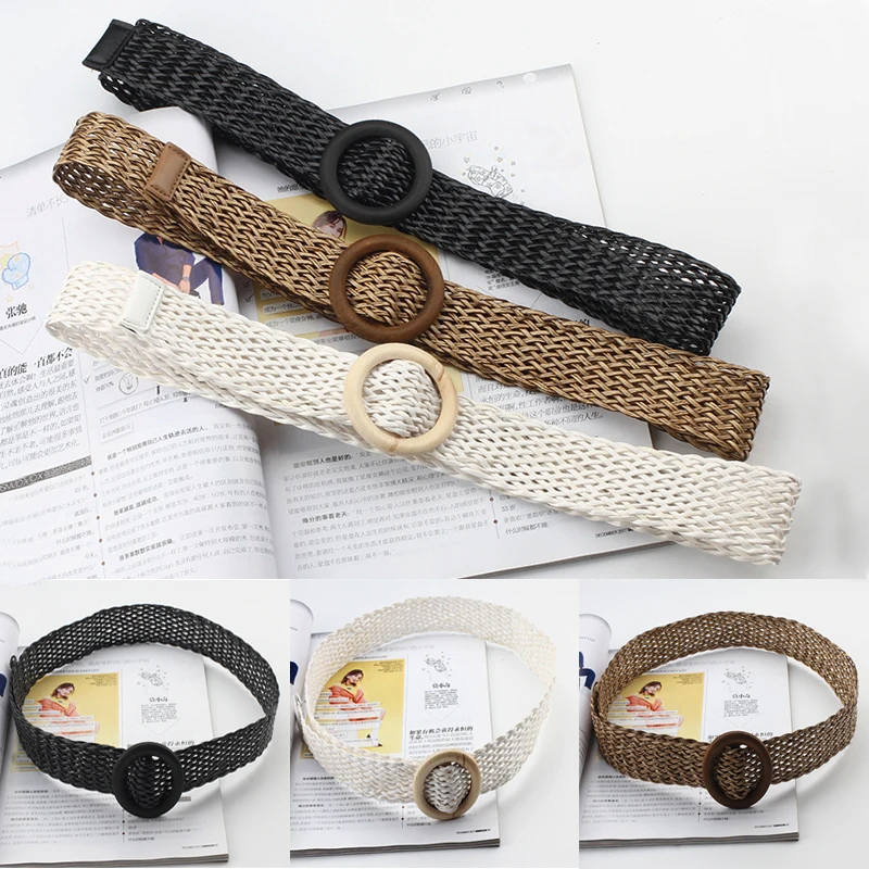 

Ethnic style openwork braided belt for women Round Buckle female dress pants solid color low waist belt dress accessories