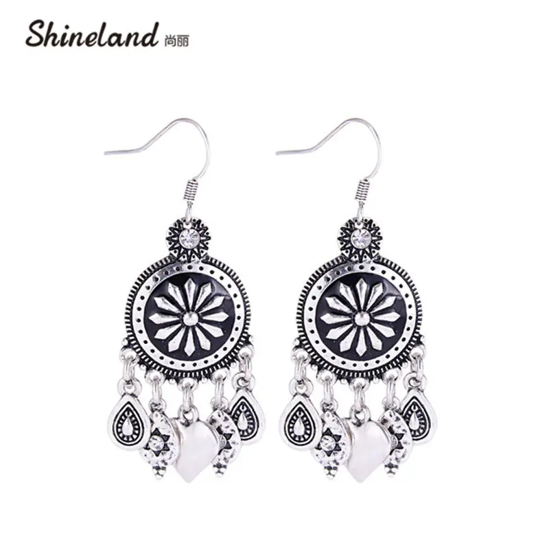 

Shineland New Boho Tibetan Zinc Alloy Black Enamel Flower Crystal Round Water Drop Heart Shape Pendant Hook Earrings for Lady