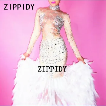 

Glisten Big Crystals Feather Dress Women's Birthday Celebrate Singer Dancer Nightclub Bar Wear Sexy Long Tail 2 Styles Dresses