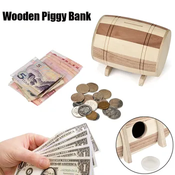 

1PC Wooden Piggy Bank Safe Money Box Savings Wine Barrel Wood Carving storage box Handmade High Quality 6.14