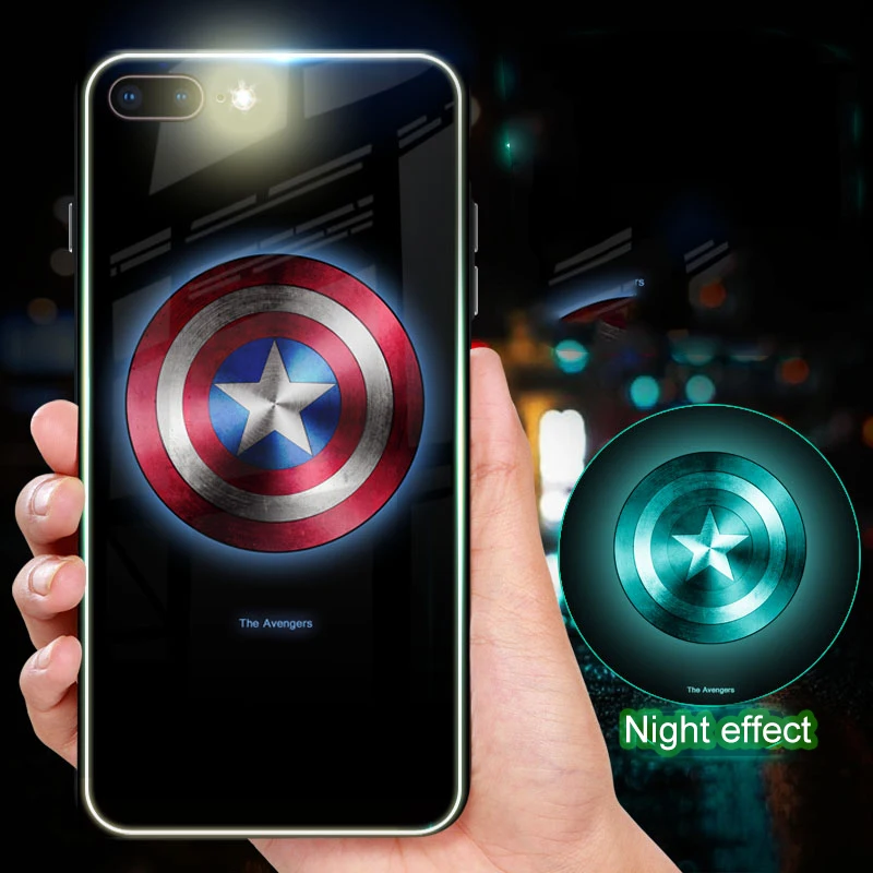 

Luminous Glass Case For iPhone X 7 8 6 6s Plus XS Max XR Marvel Batman Superman Spiderman Avengers Black Panther iron Man Cover