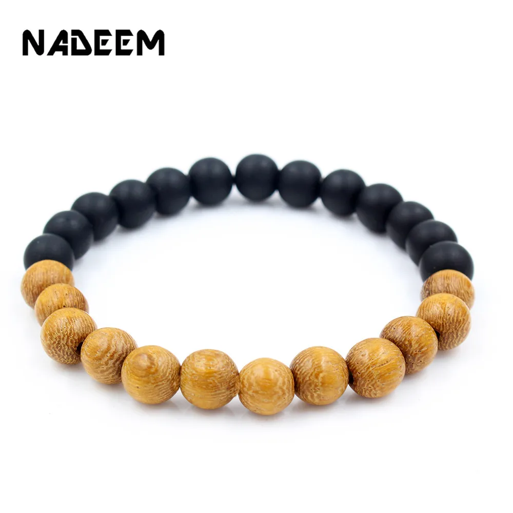 

New Buddhist Prayer Natural Wood Beads Bracelets Men Black Matte Stone Ethinc Meditation Bracelet Women Men's Jewelry Yoga