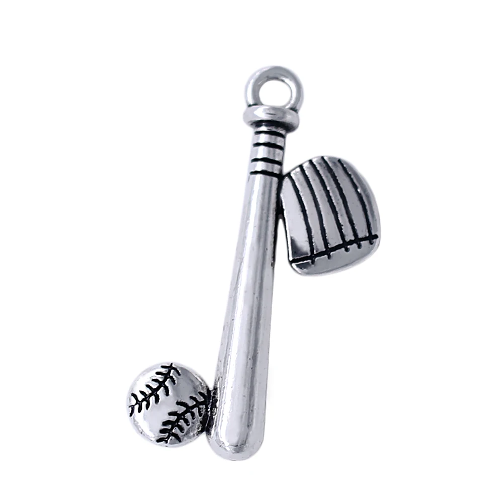 New design ancient silver 3D metal softball bat & ball charm for DIY