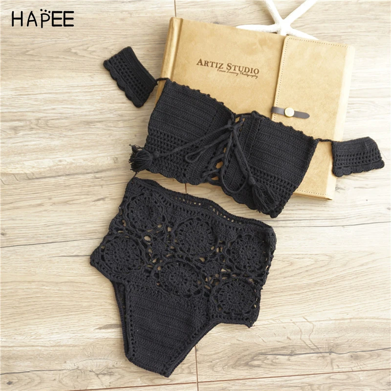 Off The Shoulder Women White Black Bathing Suits Knitted Bikini Crochet Crop Top Sexy High Waist hollow Out Crochet Swimwears