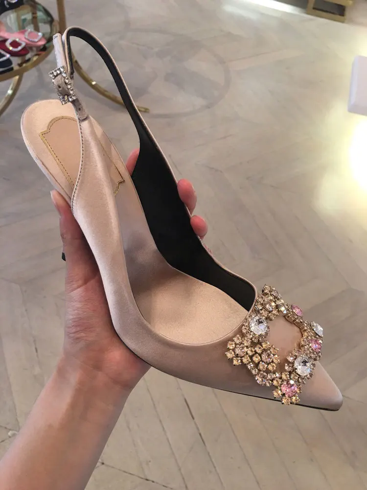 Kmeioo/Лидер продаж года; туфли с украшениями; женские босоножки с острым носком на высоком каблуке с ремешком сзади; женские вечерние свадебные туфли на тонком каблуке с кристаллами - Цвет: Champagne Pink 8cm