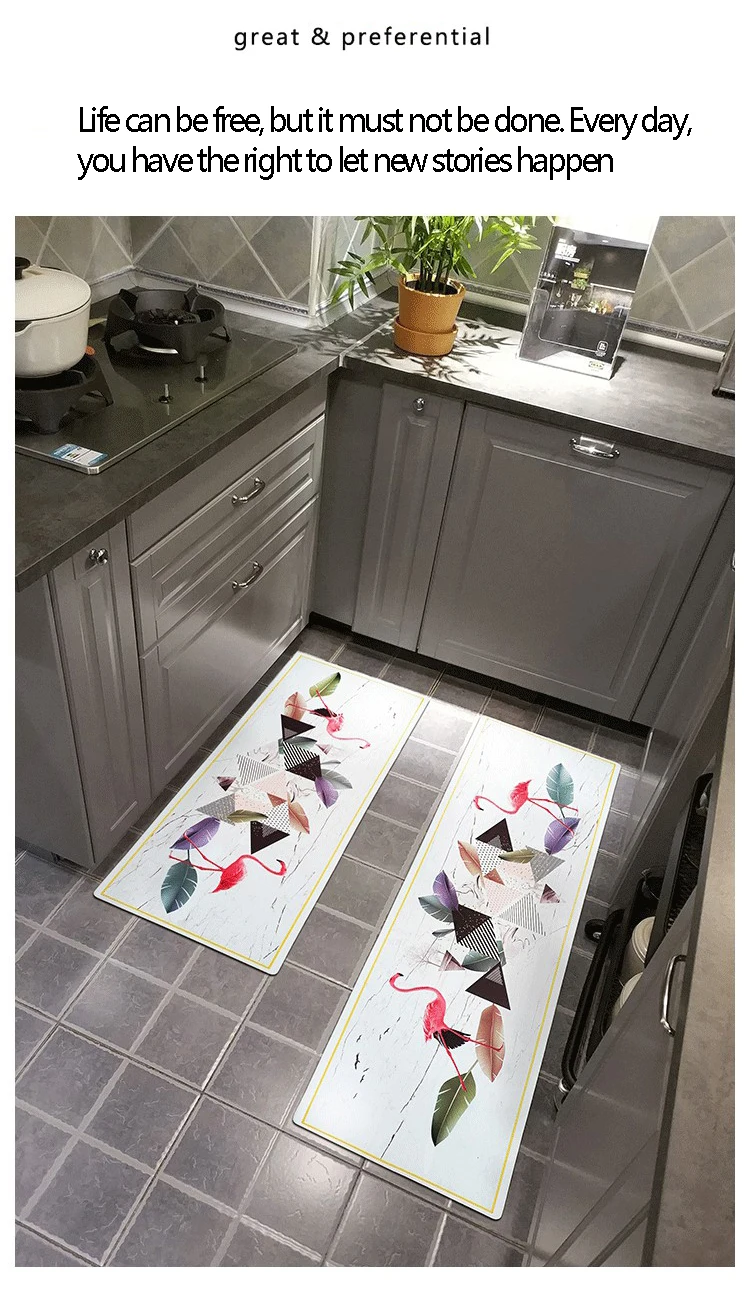 PVC Leather Rubber Kitchen Rugs Blue Cactus Flower Carpets Washable Non-slip Hallway Mat Durable Comfort Anti Fatigue Rug Runner