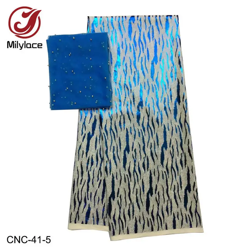 Нигерийский хлопок вуаль ткань с принтом Золотой Леопардовый принт 5 ярдов для вечерние+ тюль кружевная ткань с бусинами 2 ярдов CNC-41 - Цвет: Blue
