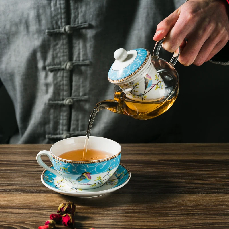 

Set of Ceramic Tea Cup Glass Teapot for High Tea Porcelain Saucer with Tea Infuser Afternoon Tea Set Best Wedding Gift