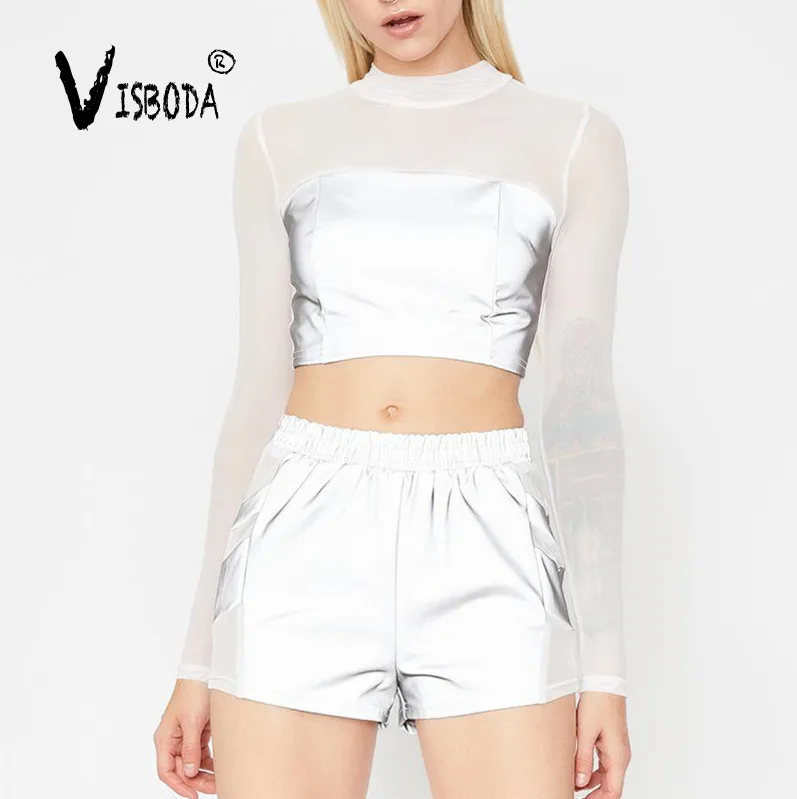 

Women Casual Crop Top Shirt Reflective Long Sleeve Shine Tee Harajuku 2019 Fashion Summer Ladies White Mesh Patchwork T-shirt