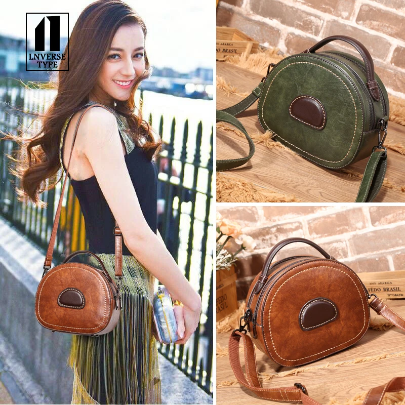 bag female PU Cow leather shoulder messenger bag Ladies bag PU retro round bag for women 2019 Contrast portable small handbags