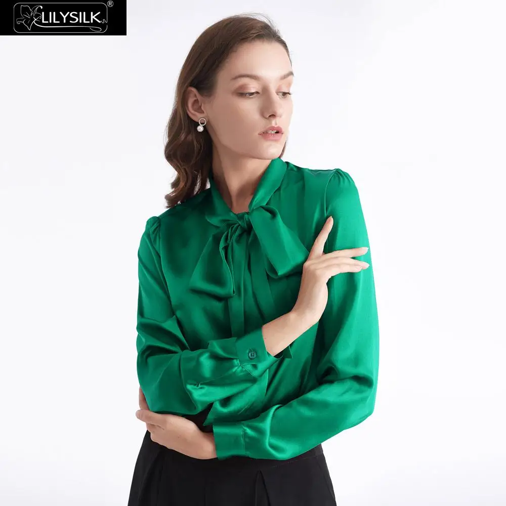 LilySilk блуза шелковая с галстуком-бабочкой на шее Женская Новинка - Цвет: Green Jade