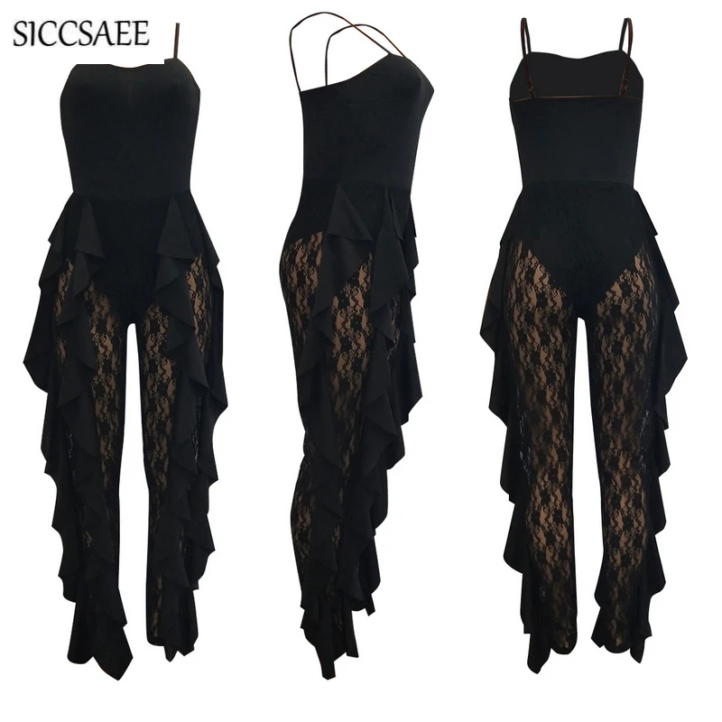 Lace Crochet Patchwork Bandage Jumpsuits For Women 2019 Backless Solid Sheer See Through Stringy Selvedge Ruffles Side Ruched 