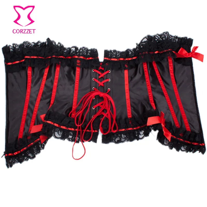 Черные атласные Кружево обод с красным косточки отделаны викторианской бюстье сексуальный корсет готический Топ corselete feminino Espartilhos Бурлеск