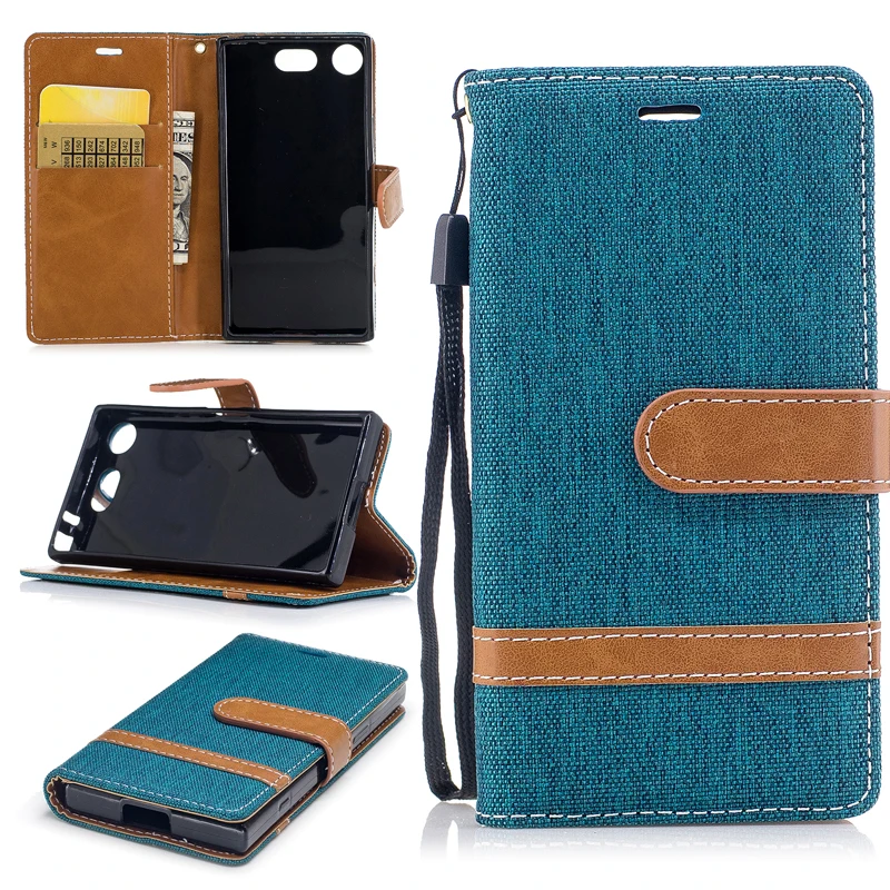 

Cowboy Jean&PU Leather Case for Sony Xperia XZ1 Compact G8441 Kickstand Flip Mobile Phone Case with Wallet Card Holders&Lanyard