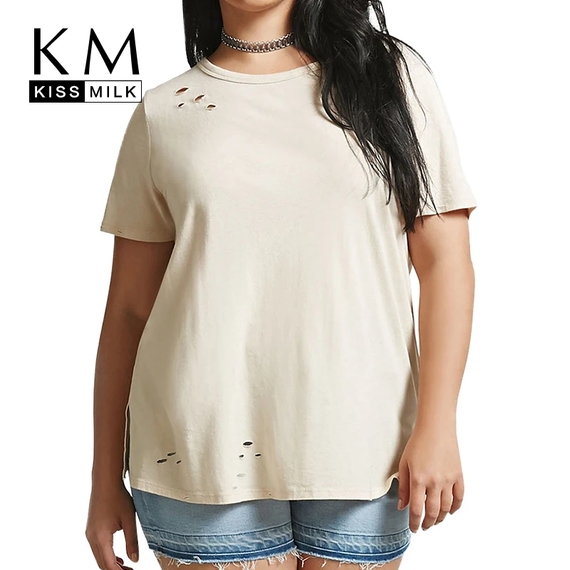 

Kissmilk Plus Size Women Hollow Out Loose T-shirt Big Size Brief Clothing Holes O-Necked 2018 New Casual Style Tops for Female