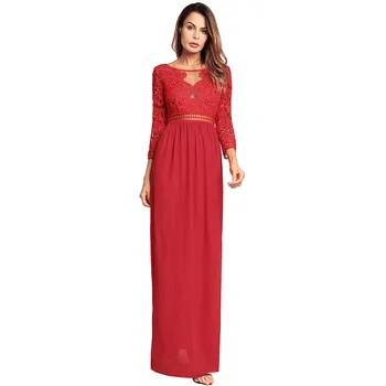 

Euramerica Women's Wear 2018 New Lace Spliced Nine Sleeve Big Pendant Dress Annual Meeting Solid Color Dress Length Vestidos