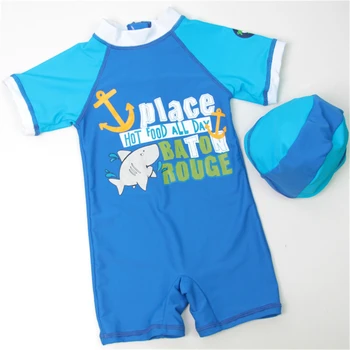 

New Models Kid 1-12 year old Boys Rash Guards One Piece Swimsuit Blue with Kids pattern Swimwear Swimming Cap summer wear