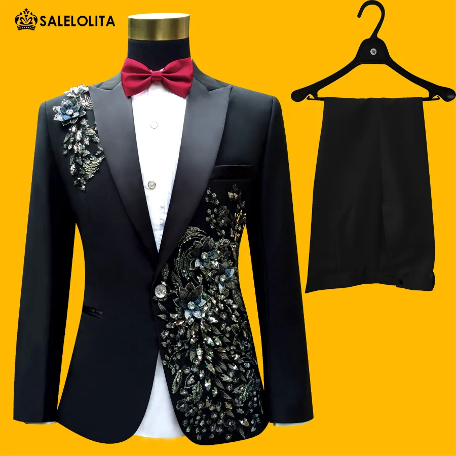 

2019 Plus Size Men Suits S-4XL Fashion Black Sequins Embroidered Male Singer Slim Performance Party Prom Costumes Jacket+Pants