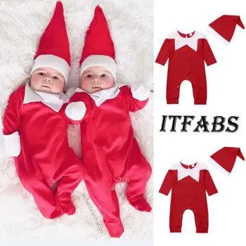 

2018 Lovely Newborn Toddler Kid Baby Boy Girl Cotton Casual Red Long Sleeve Jumpsuit Romper+Hat Christmas Outfit Clothes
