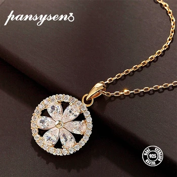 

PANSYSEN Gold Color Snowflake Pendant Necklaces For Woman Luxury 925 Sterling Silver Chain Necklaces With Sparking Spinel Stones