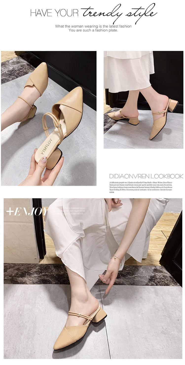 Party Women Mules Slipper Pointed Toe Block Strap Closed Shallow High Heels Shoes Sandals Black Beige Square heel Pumps