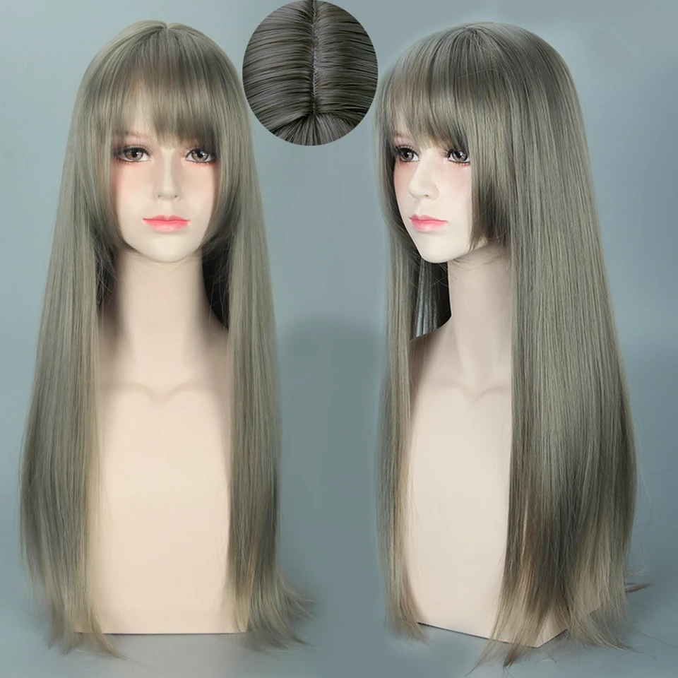 Yiyaobess 26 дюймов длинные прямые серый парик с челкой термостойкие синтетические натуральные волосы парики косплей для белых женщин