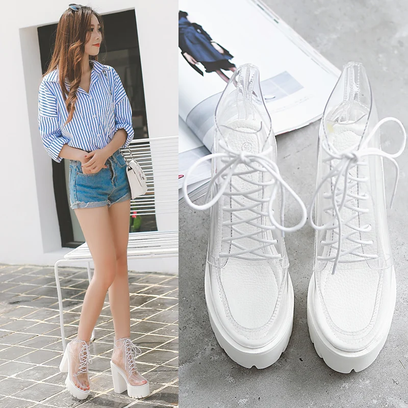 

2019 new ultra high heel thick with women's boots transparent shoe European and American fashion short boots lace-up ankle boots