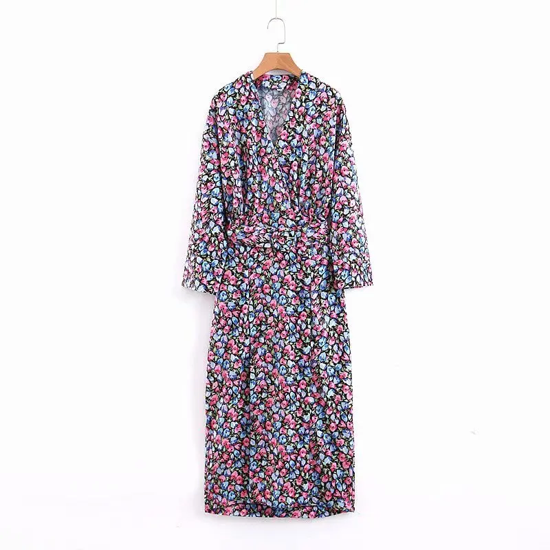 

New Vintage Floral Long Dress Women V neck Sleeves Printed Slim Party Split Dress Ladies Elegant Streetwear Dress XZ2047