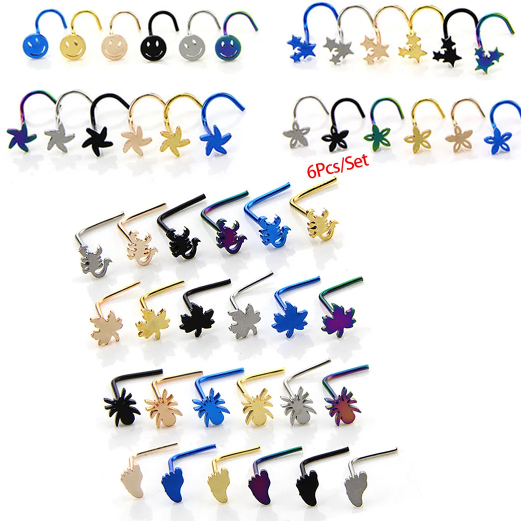 

6Pcs/Set Colorful Flower Maple Leaf Foot Spider Shape Surgical Steel Nose Studs Screw Ring Bone Bar Pin Piercing Jewelry