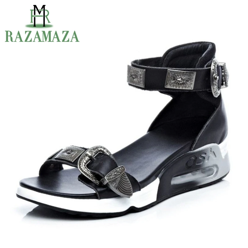 

ZALAVOR Fashion Metal Buckle 2019 Real Leather Sandals Thick Bottom Vacation Club Party Flats Shoes Women Casual Size 34-39